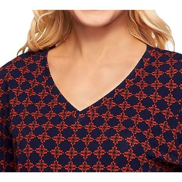 Denim & Co. Womens 3X Tan Combo 3/4 Sleeve V-neck Tile Print Knit Top NWT - Picture 4 of 4